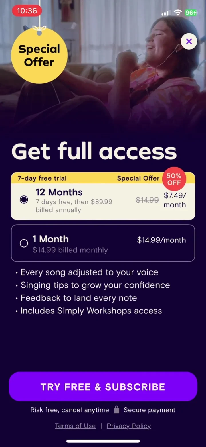 Simply Sing: My Singing App paywall screenshot
