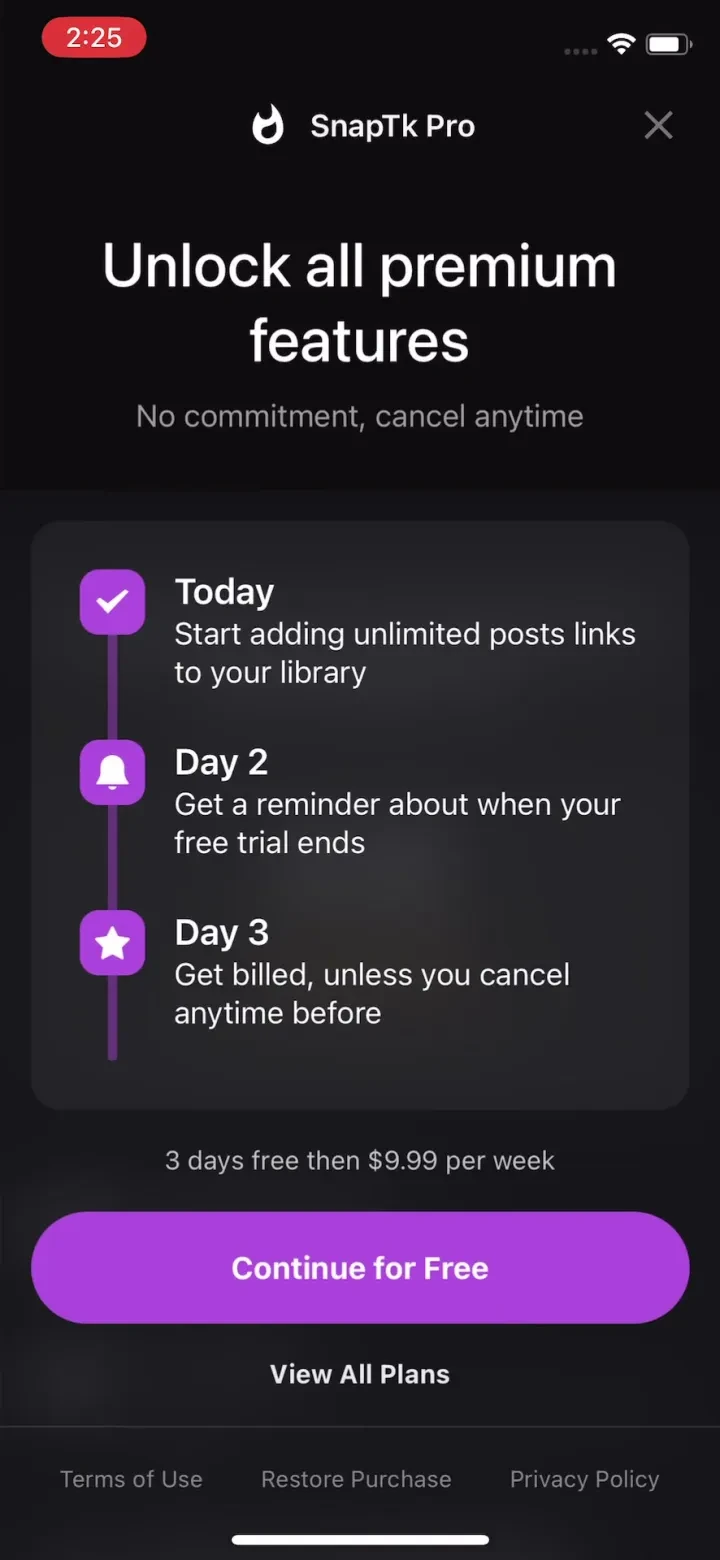 SnapTk Save Video from Links paywall screenshot
