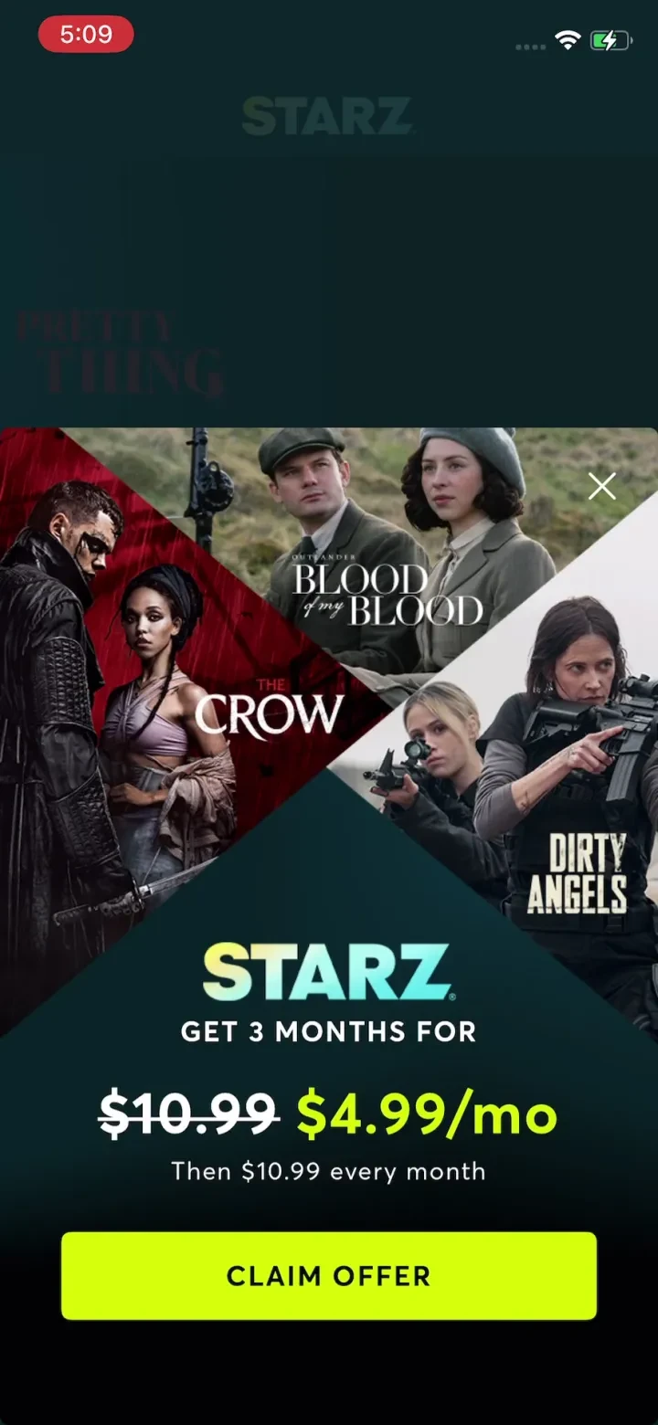 STARZ paywall screenshot