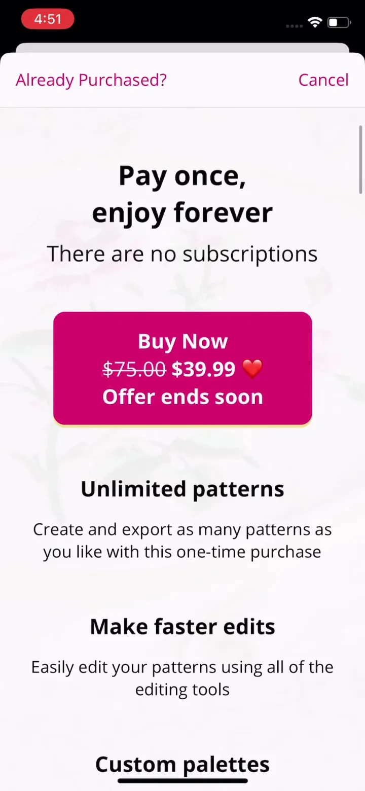 Stitchly: Cross stitch paywall screenshot