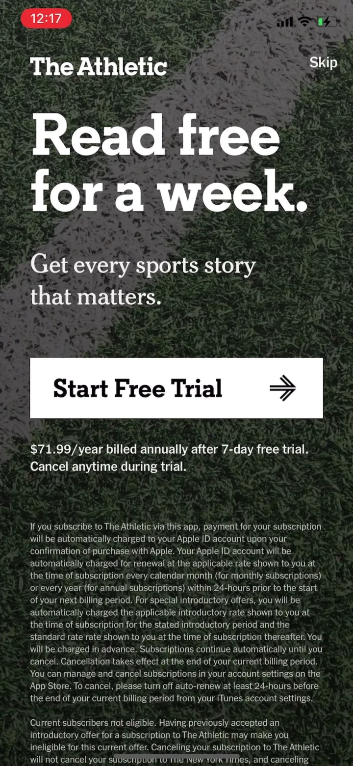 The Athletic: All Sports News paywall screenshot