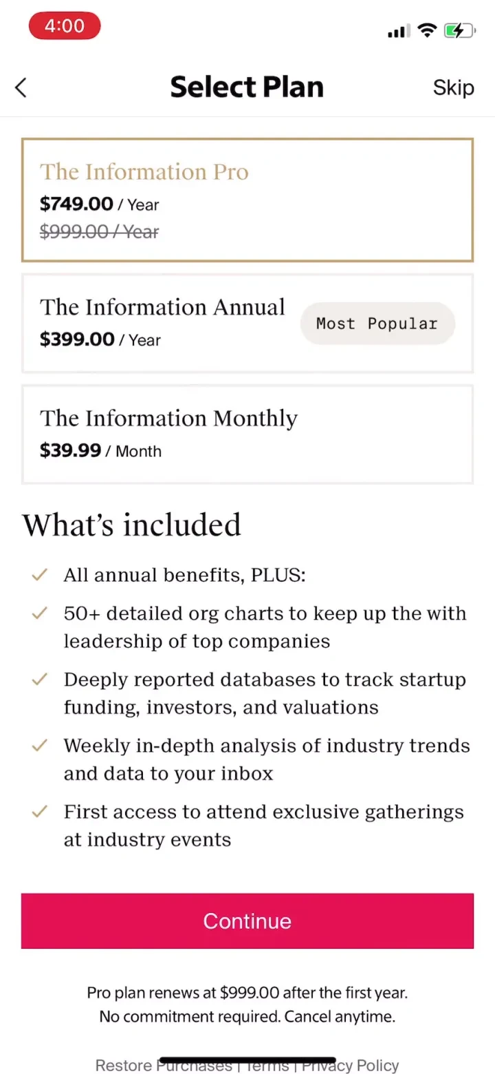 The Information: Tech News paywall screenshot