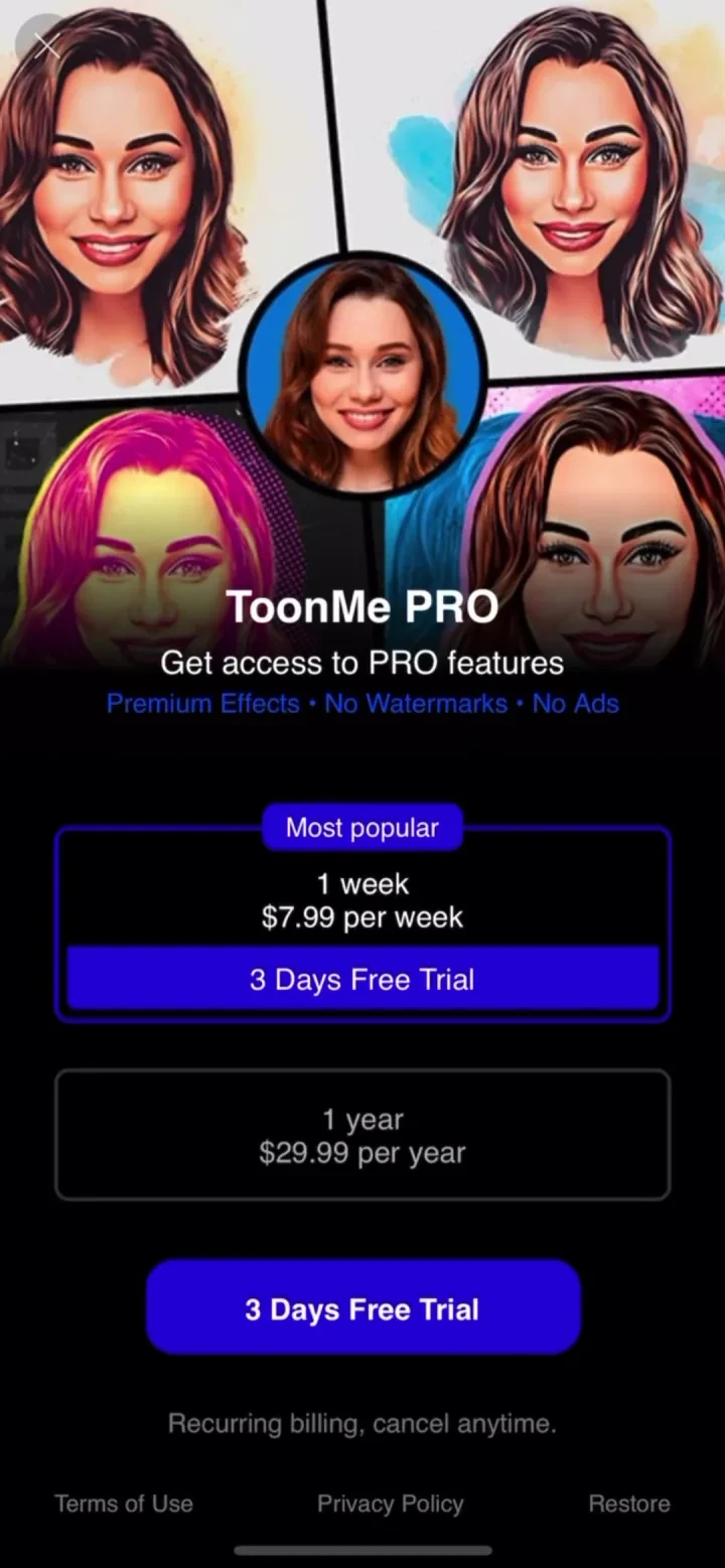 ToonMe: AI Cartoon Face Maker paywall screenshot