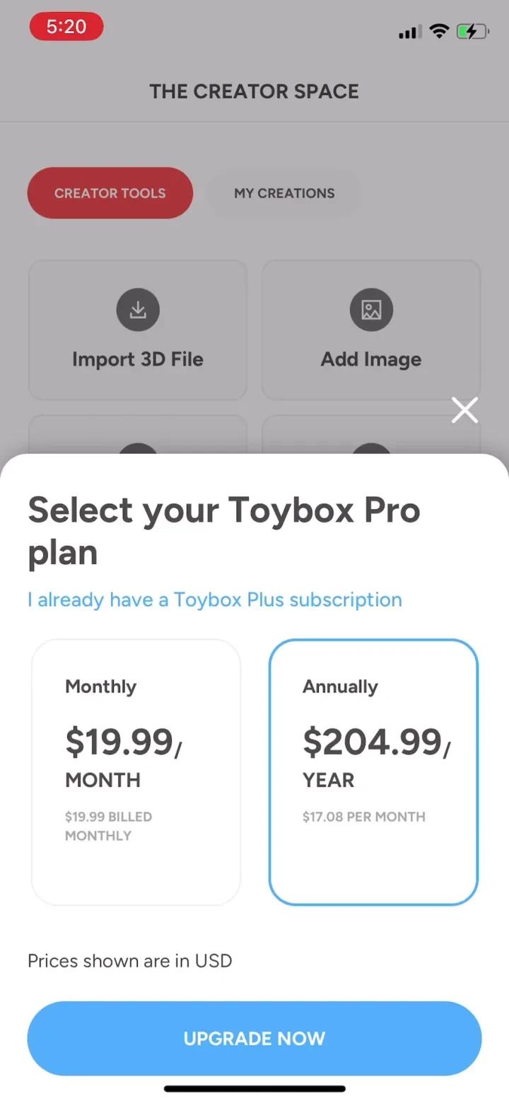 Toybox: 3D Print your own toys paywall screenshot
