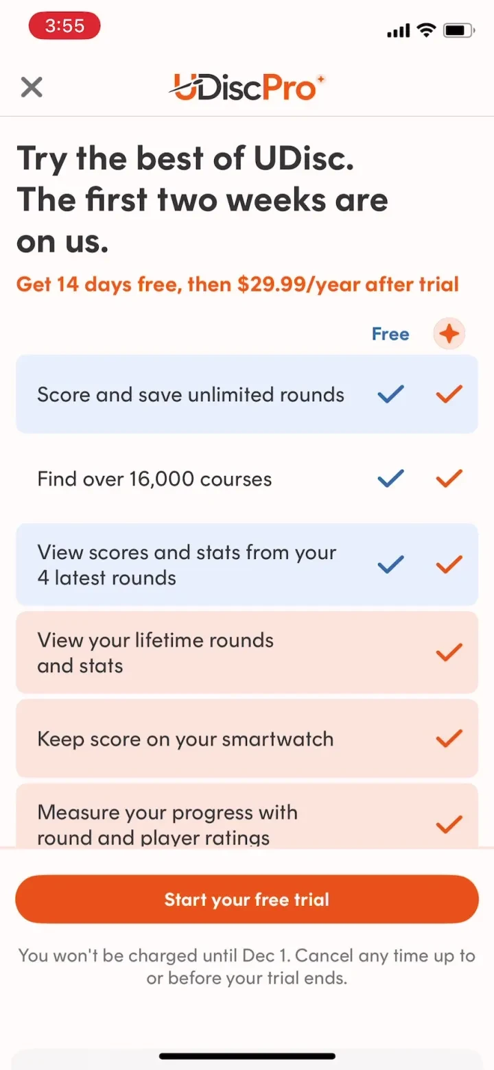 UDisc Disc Golf paywall screenshot