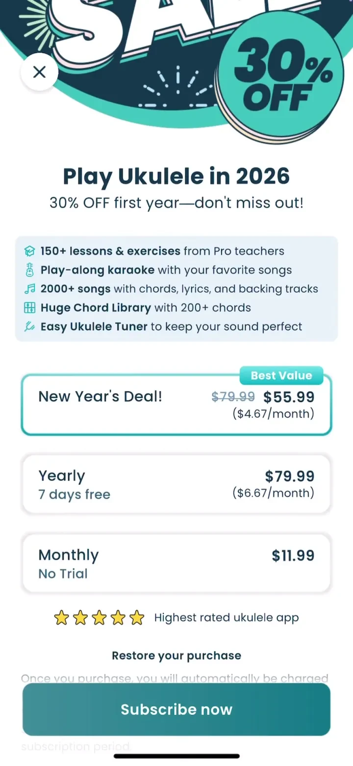 Ukulele Tuner & Lessons: Kala paywall screenshot