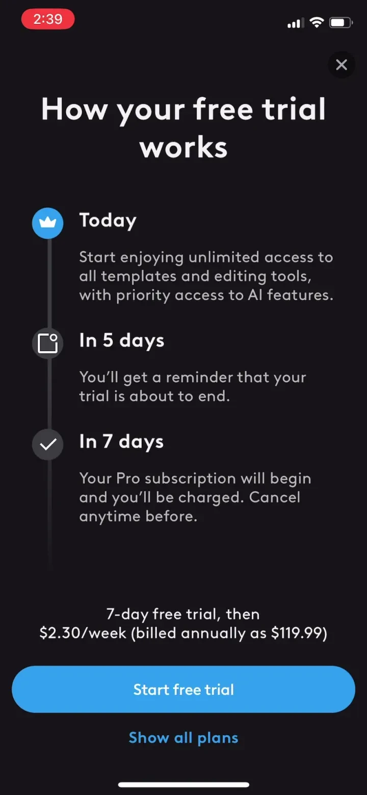 Videoleap: AI Video Editor paywall screenshot