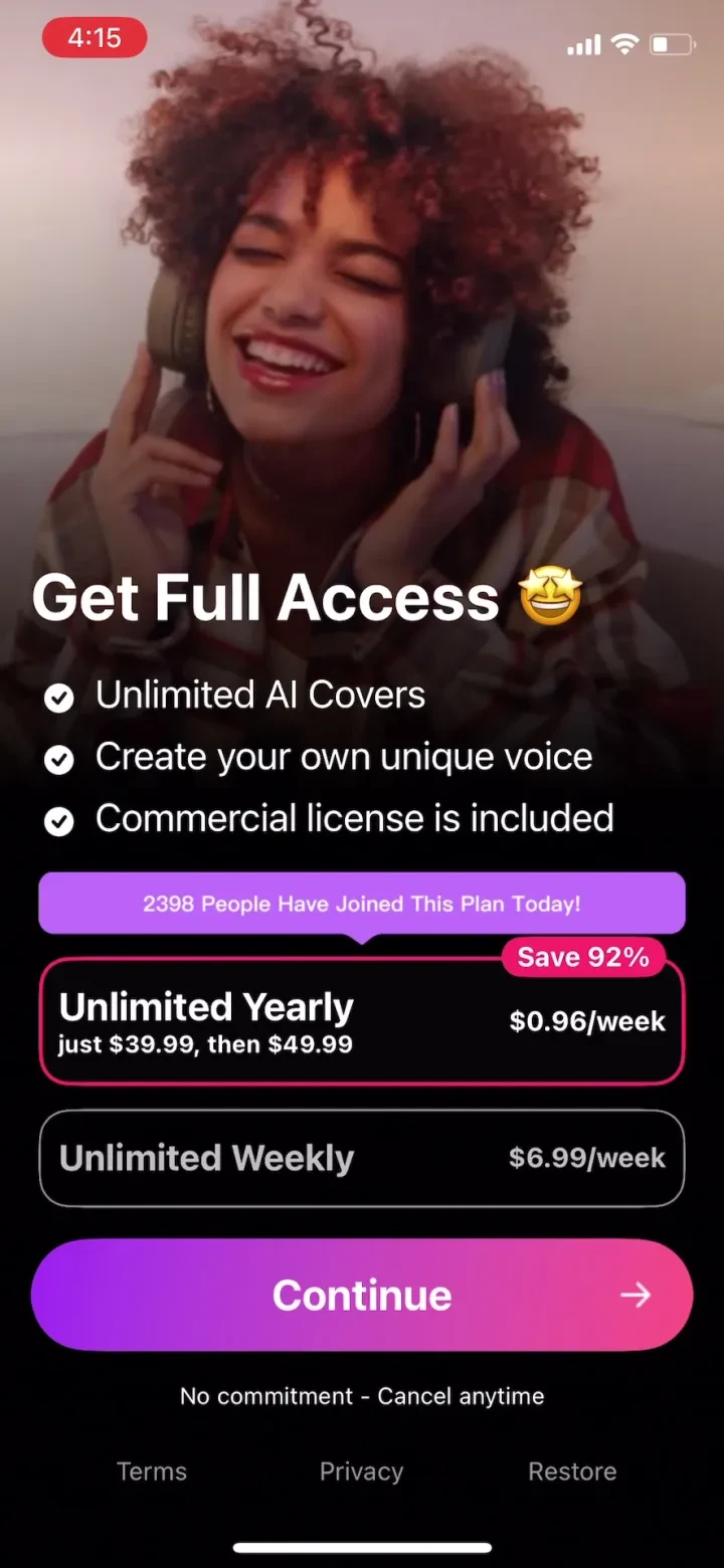 VocalMe: AI Music Generator paywall screenshot