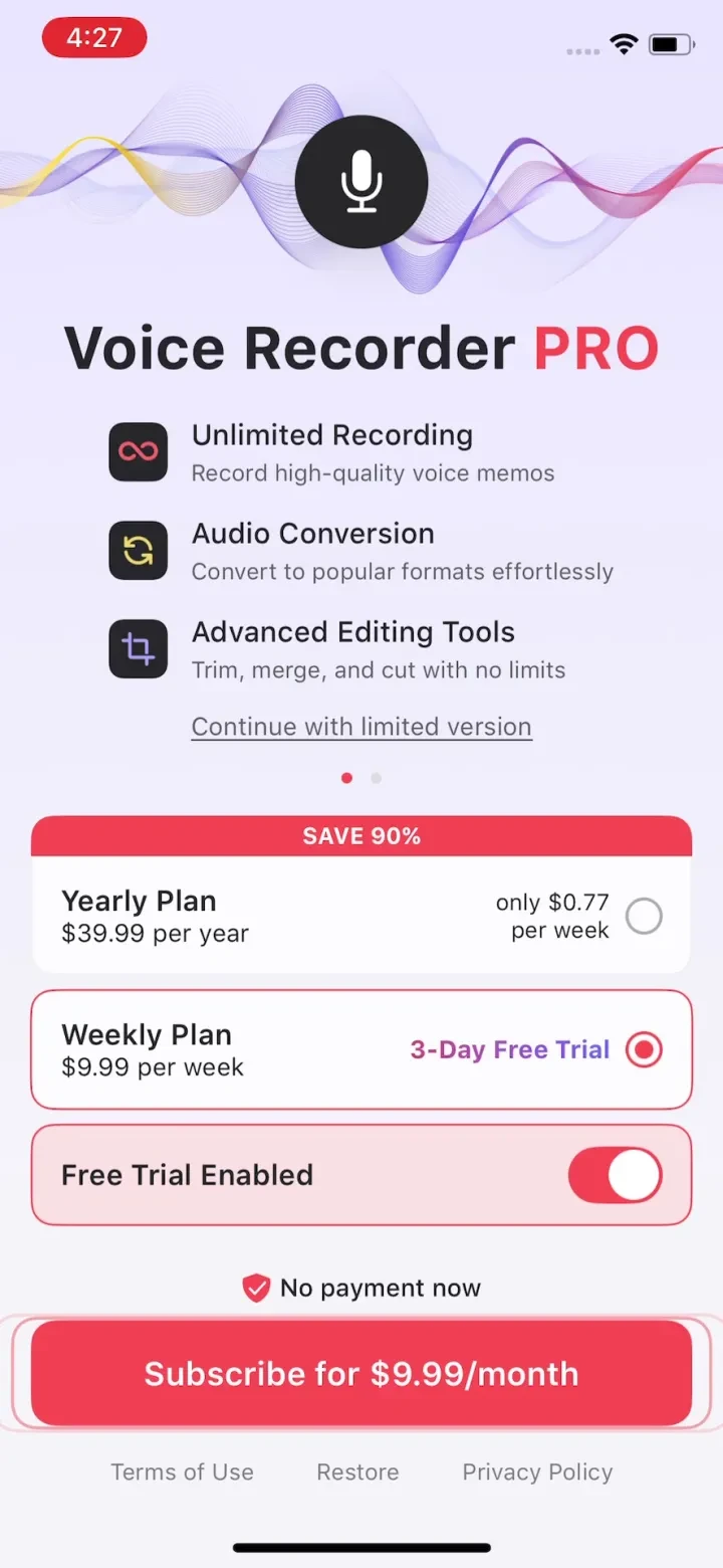 Voice Recorder — Audio Memos paywall screenshot