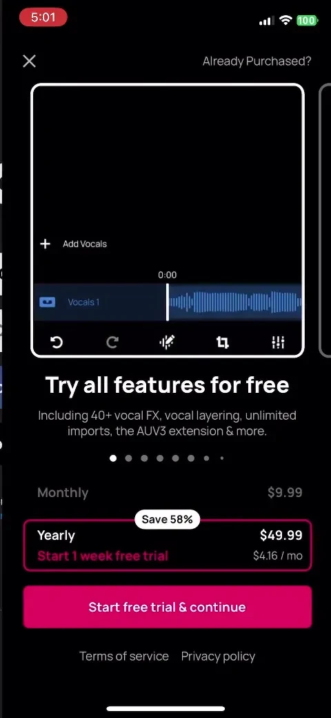 Voloco: Vocal Recording Studio paywall screenshot