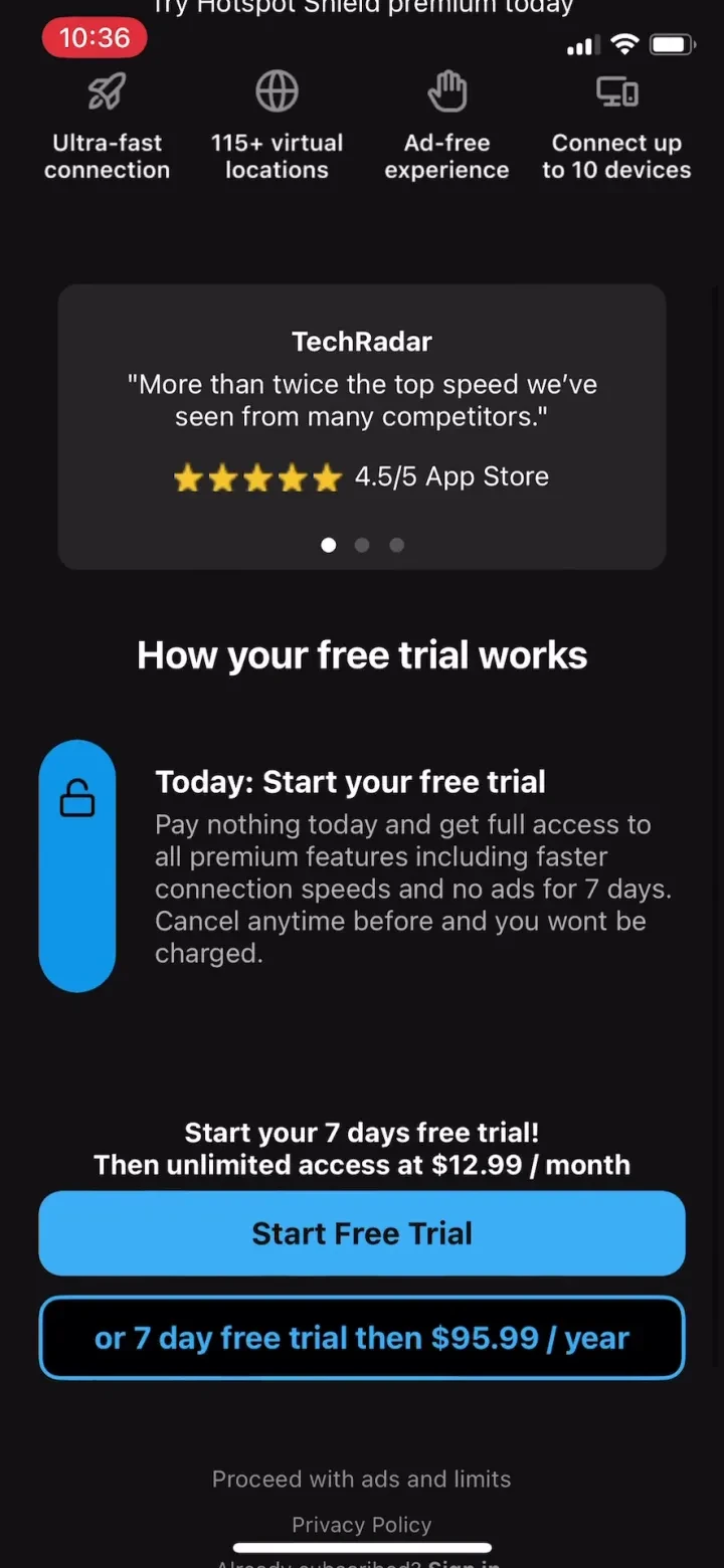 VPN Hotspot Shield: Secure VPN paywall screenshot